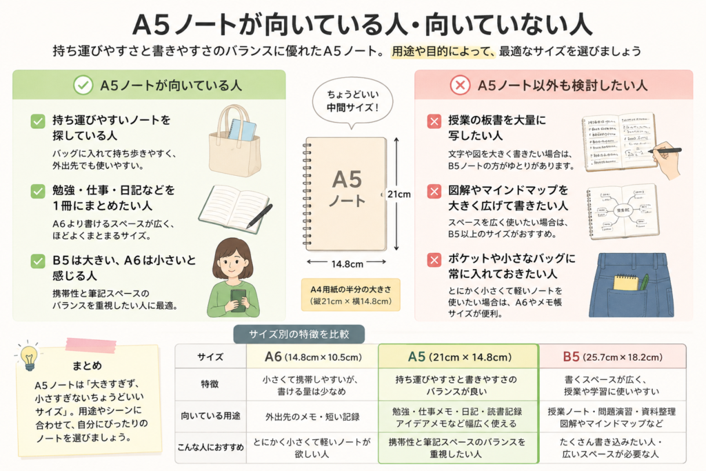 A5ノートのサイズ感と向いている用途を、A6・B5との比較で分かりやすく示した図解