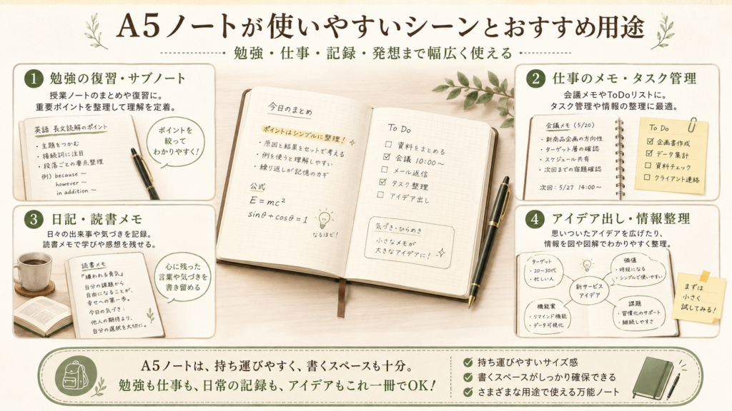 A5ノートを勉強の復習、仕事のメモ、日記や読書メモ、アイデア整理に活用する方法を示した図解