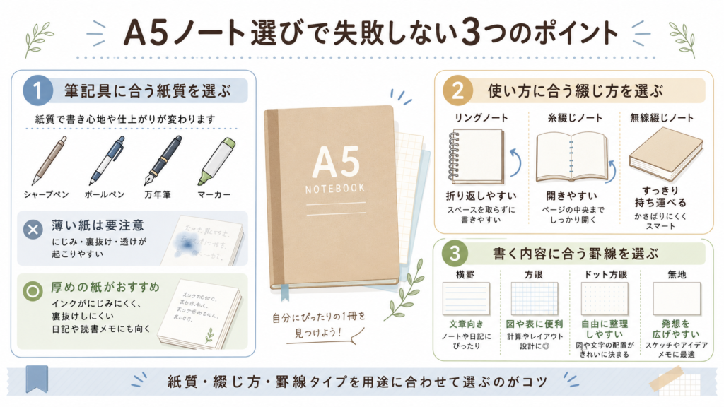 A5ノート選びで失敗しないポイントを、紙質・綴じ方・罫線タイプの3つの観点から解説した図解