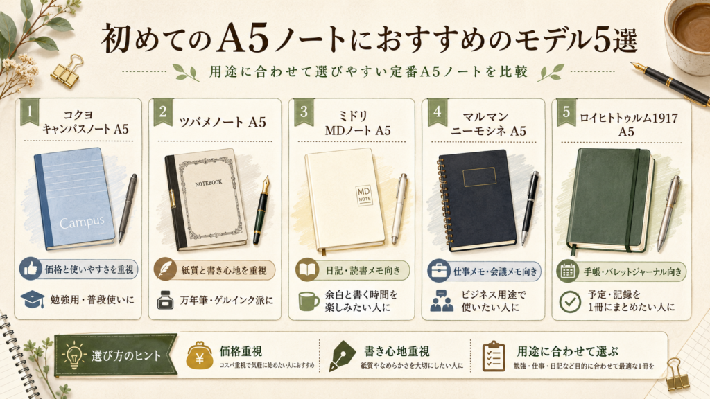 コクヨ、ツバメノート、MDノート、ニーモシネ、ロイヒトトゥルム1917のA5ノートを用途別に比較した図解